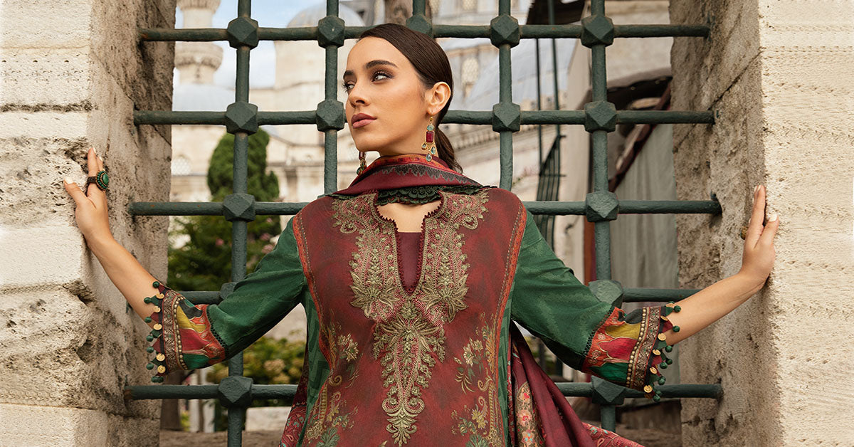 MPT-2305-B | 3 Piece Unstitched Printed Linen Suit(Maroon) - Brands of PK