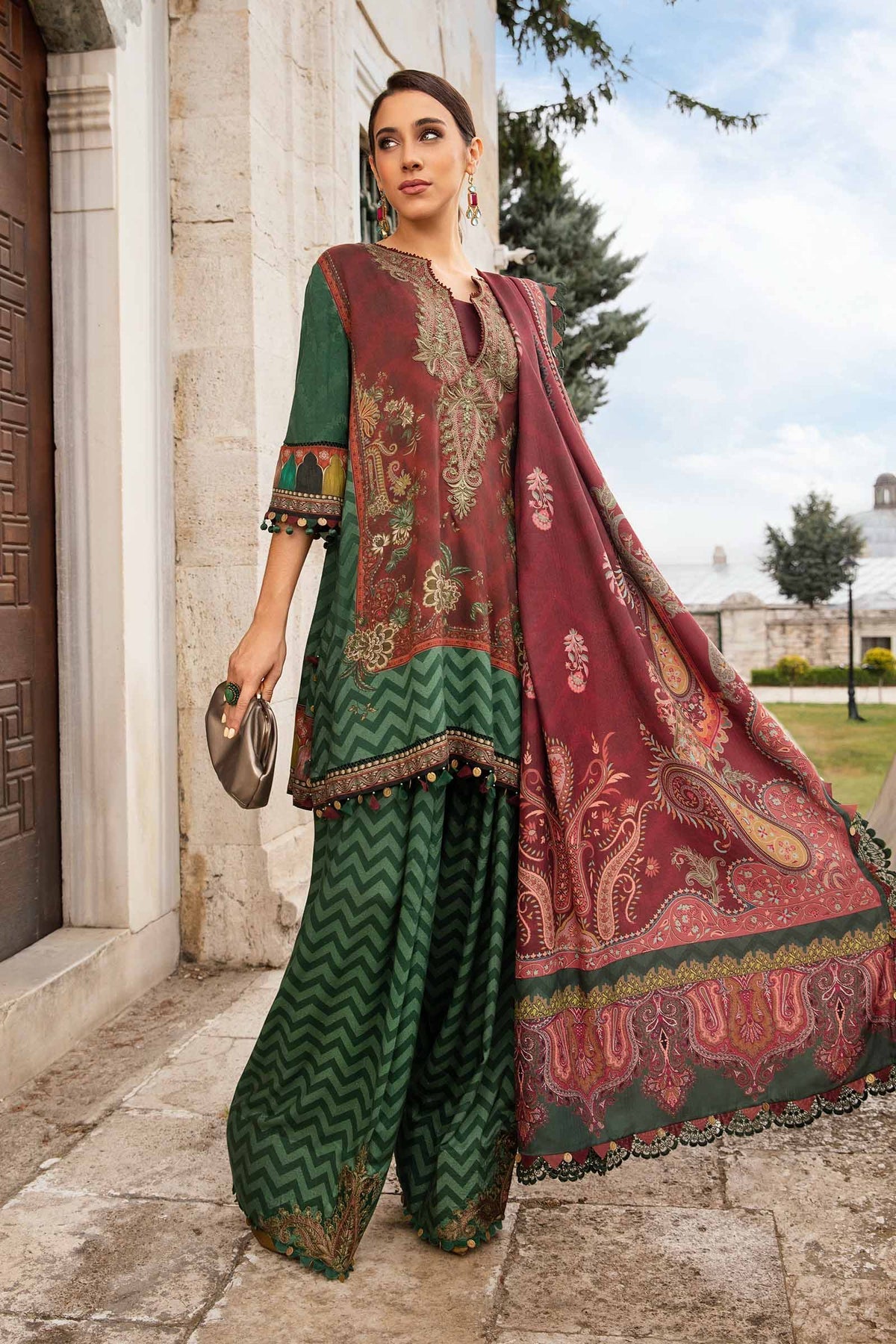 MPT-2305-B | 3 Piece Unstitched Printed Linen Suit(Maroon) - Brands of PK