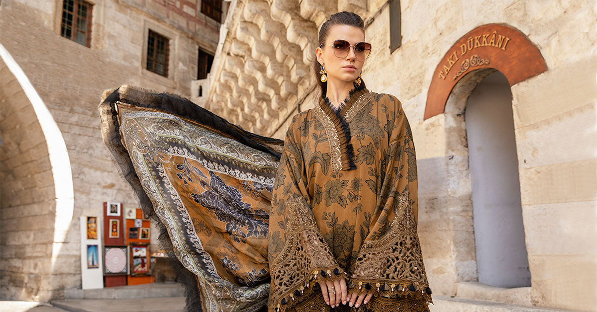 MPT-2309-A | 3 Piece Unstitched Printed Cambric Suit (Brown) - Brands of PK