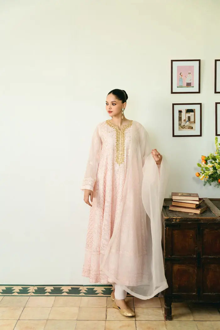 PASTEL PINK CHIKANKARI KALIDAAR Agha Noor