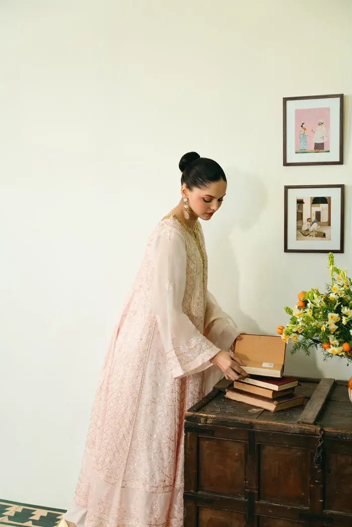 PASTEL PINK CHIKANKARI KALIDAAR Agha Noor