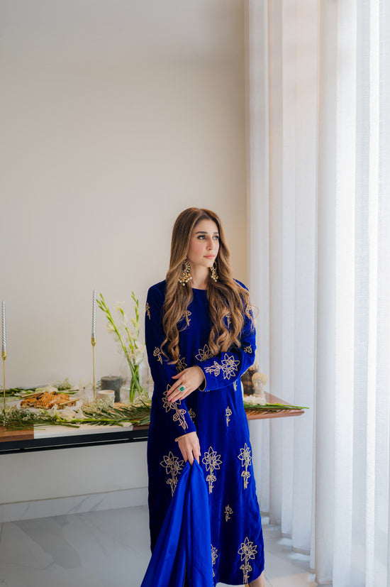 Royal Blue Velvet Outfit - Luxury Pret
